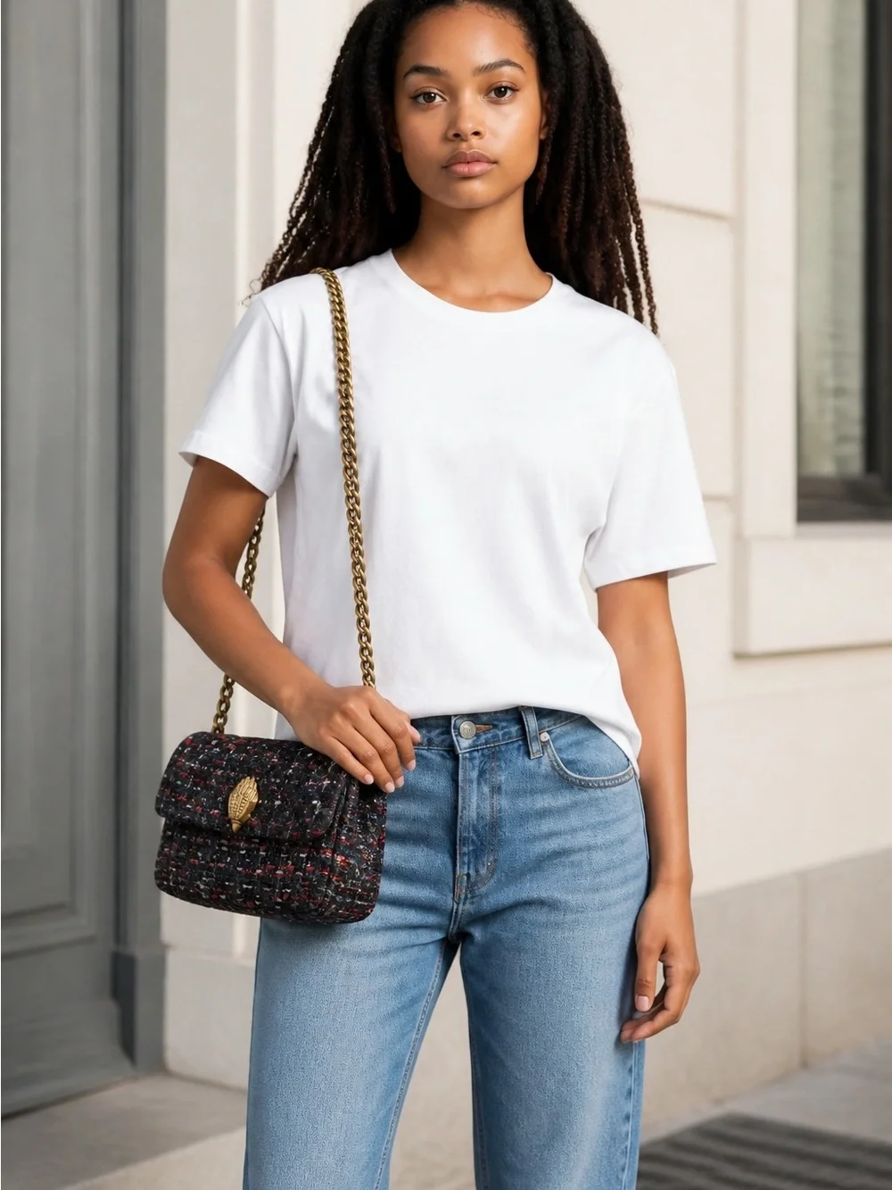 Woven Tweed Chain Shoulder Bag in Black and Multicolor
